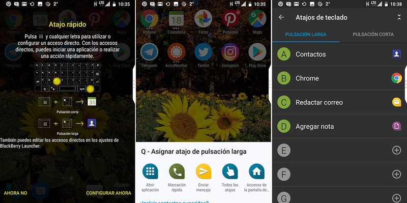 La primera pantalla es la que permite personalizar la tecla de atajo rápido. Las otras dos son las que muestran la personalización de cualquier tecla (en este caso la Q)